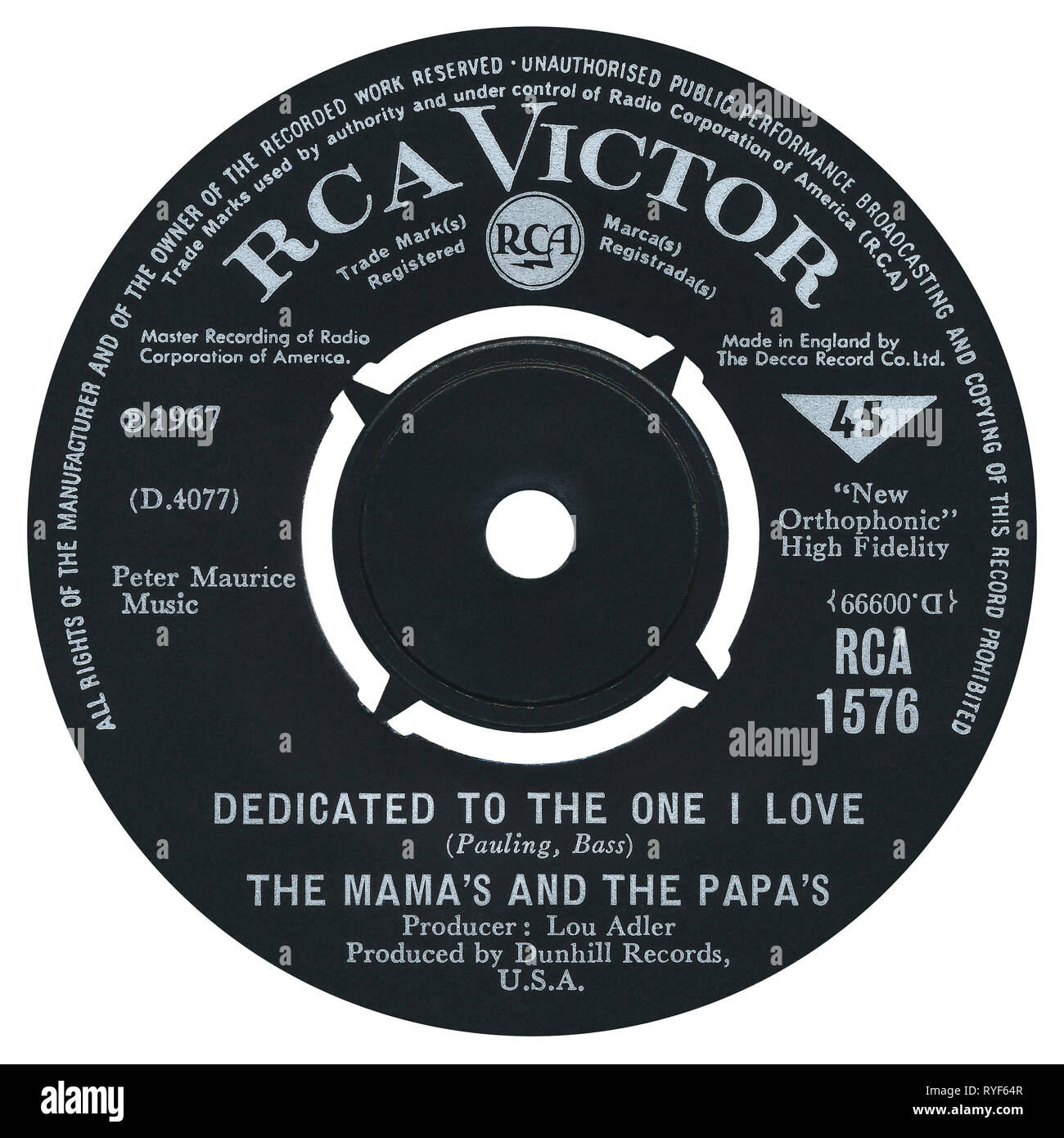UK 45 rpm single of Dedicated To The One I Love by The Mamas And The Papas on the RCA Victor label from 1967. Written by Lowman Pauling and Ralph Bass and produced by Lou Adler. Stock Photo