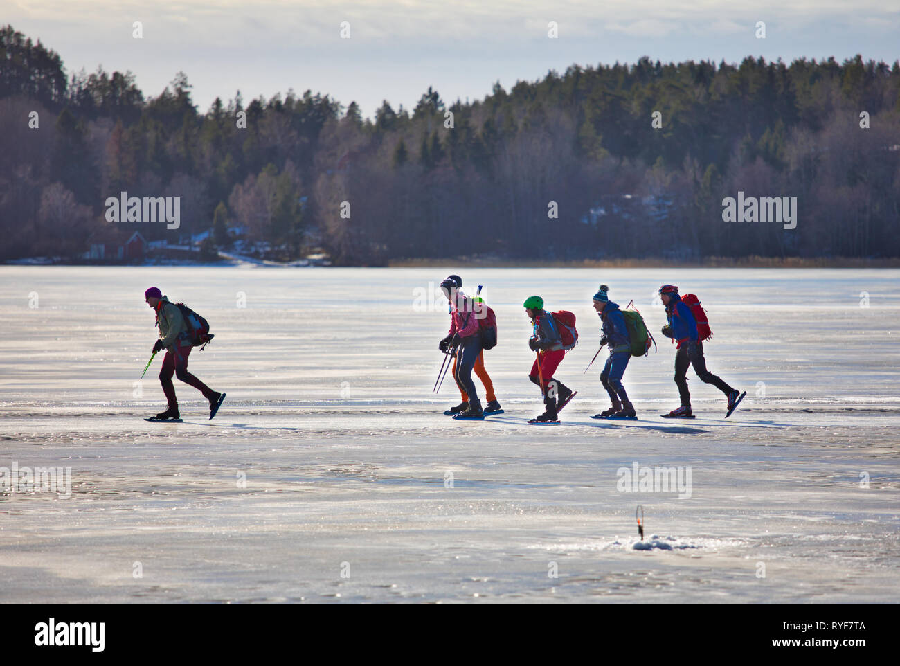 Long distance ice skaters on Lake Malaren, Sigtuna, Sweden, Scandinavia Stock Photo