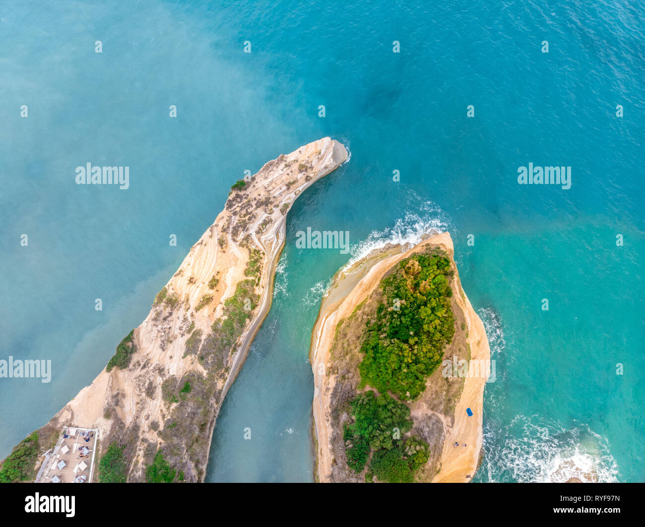 Recent drone aerial photo of the Mediterranean ocean overlooking the Canal d'amour in Corfu, Greece Stock Photo