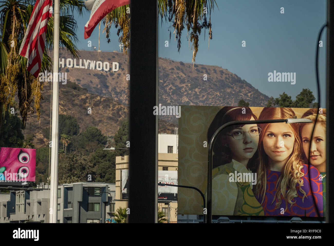 Hollywood Sign and Billboards from Hollywood Boulevard, Los Angeles