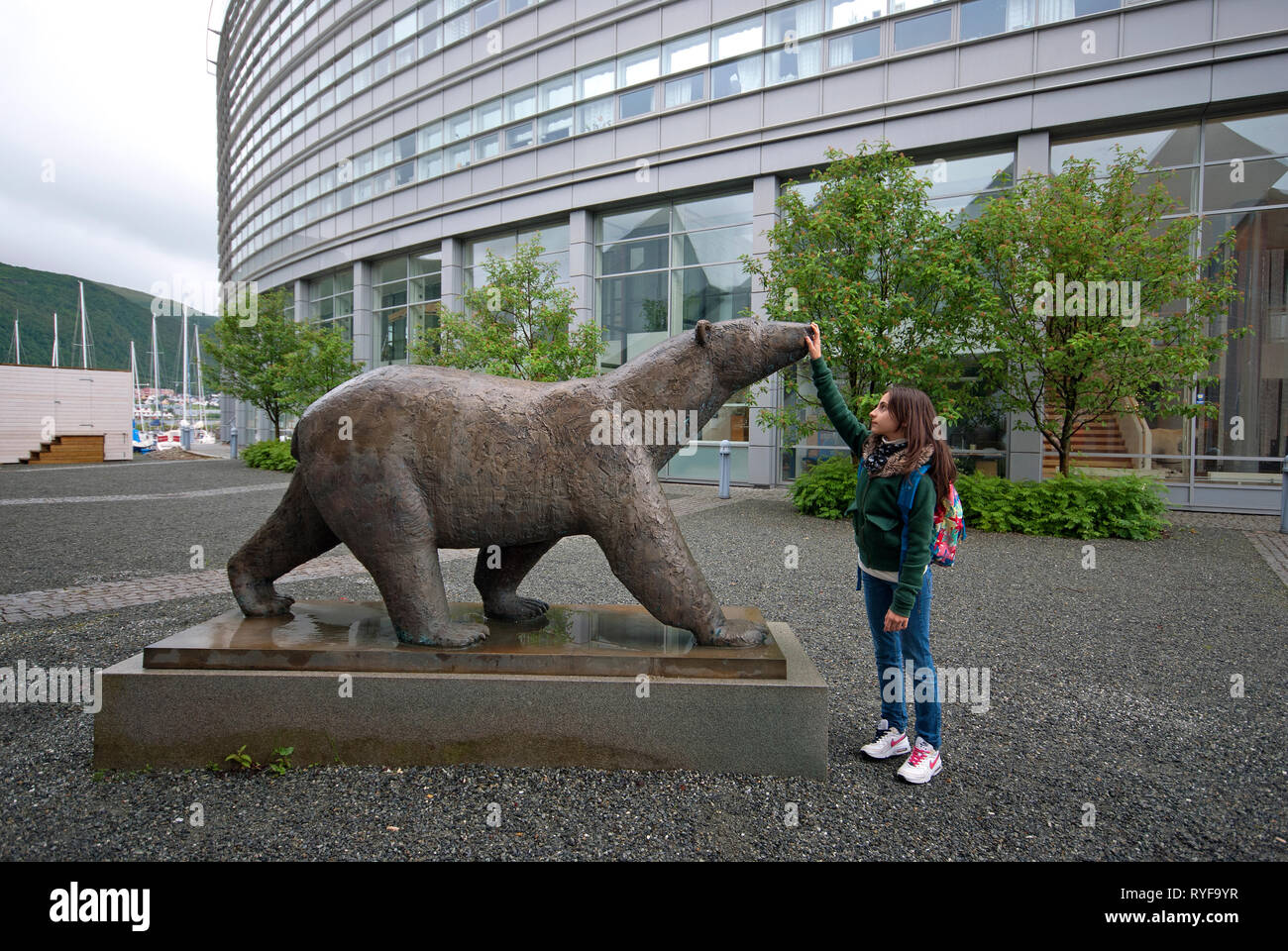 Lifesize bronze polar bear statue outside the Polaria Museum in Tromso