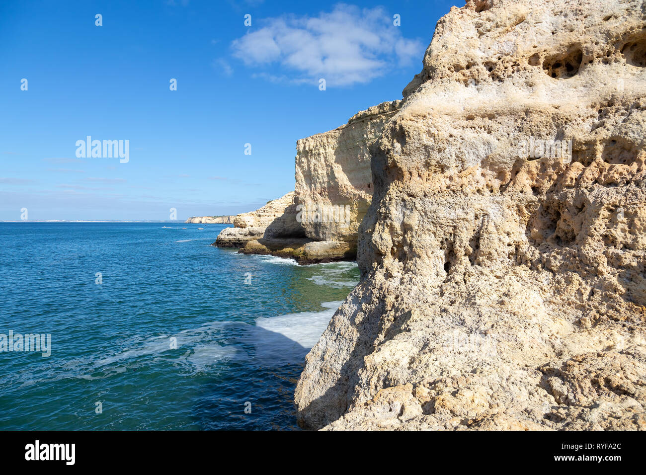 View of sandstone cliffs near Carvoeiro in Portugal Stock Photo