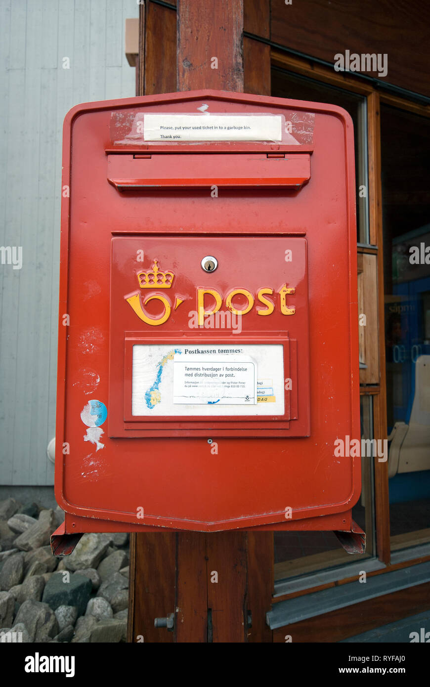 Red mailbox in Karasjok, Finnmark County, Norway Stock Photo