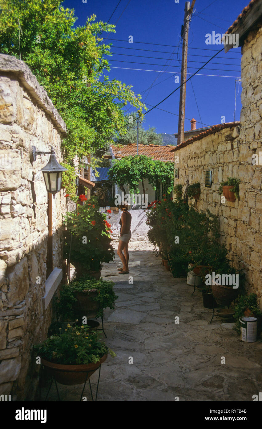 Picturesque entrance to a village taverna, Lofou, Limassol District, Cyprus.  MODEL RELEASED Stock Photo