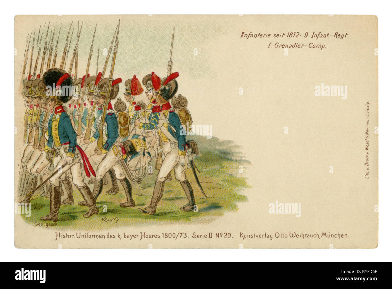 German historical postcard: Lithography of the late 19th century. Grenadiers in full uniform marching to the place of deployment, 1812, Napoleonic war Stock Photo