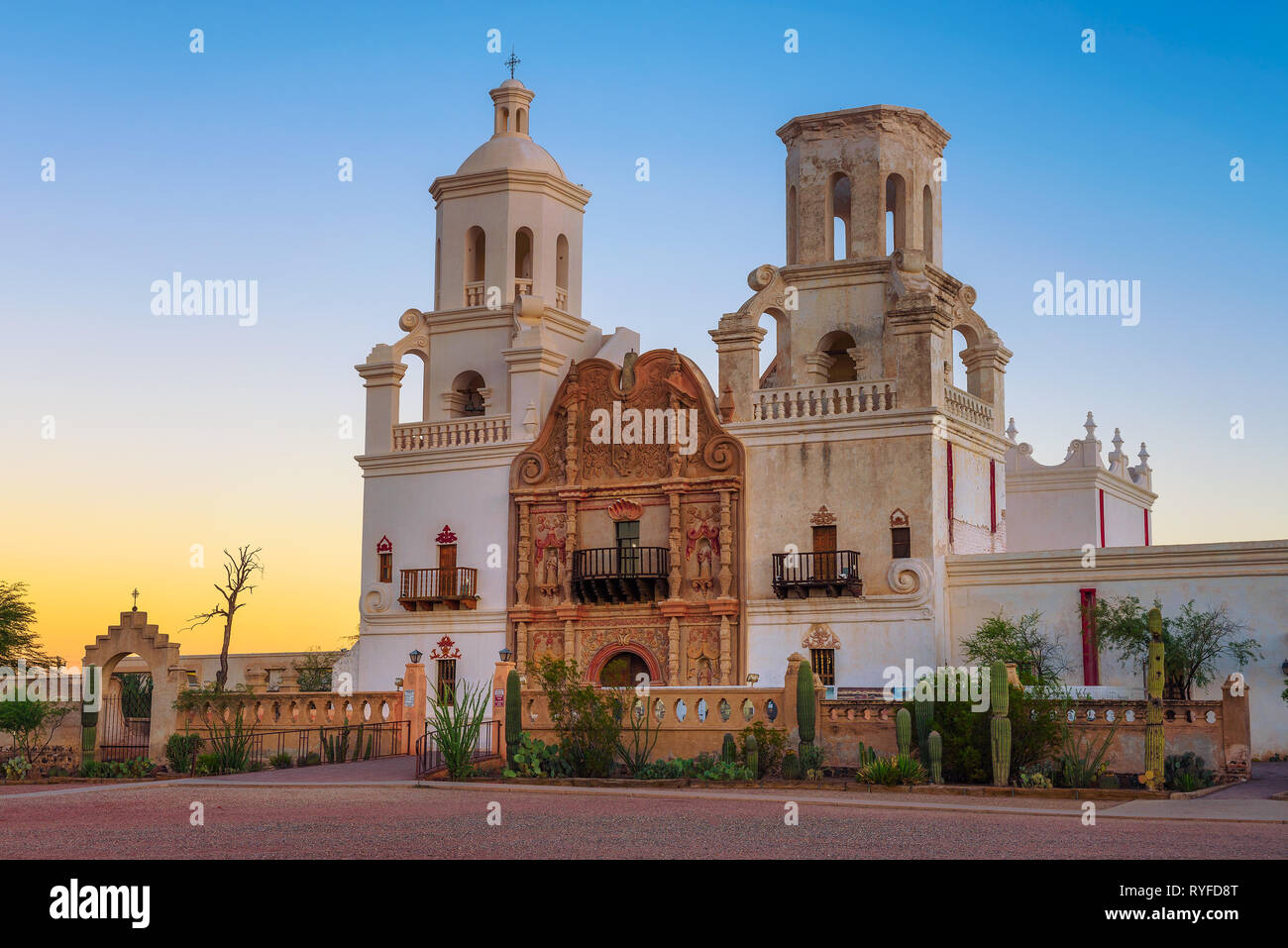 Sunrise at the San Xavier Mission Church in Tucson Stock Photo