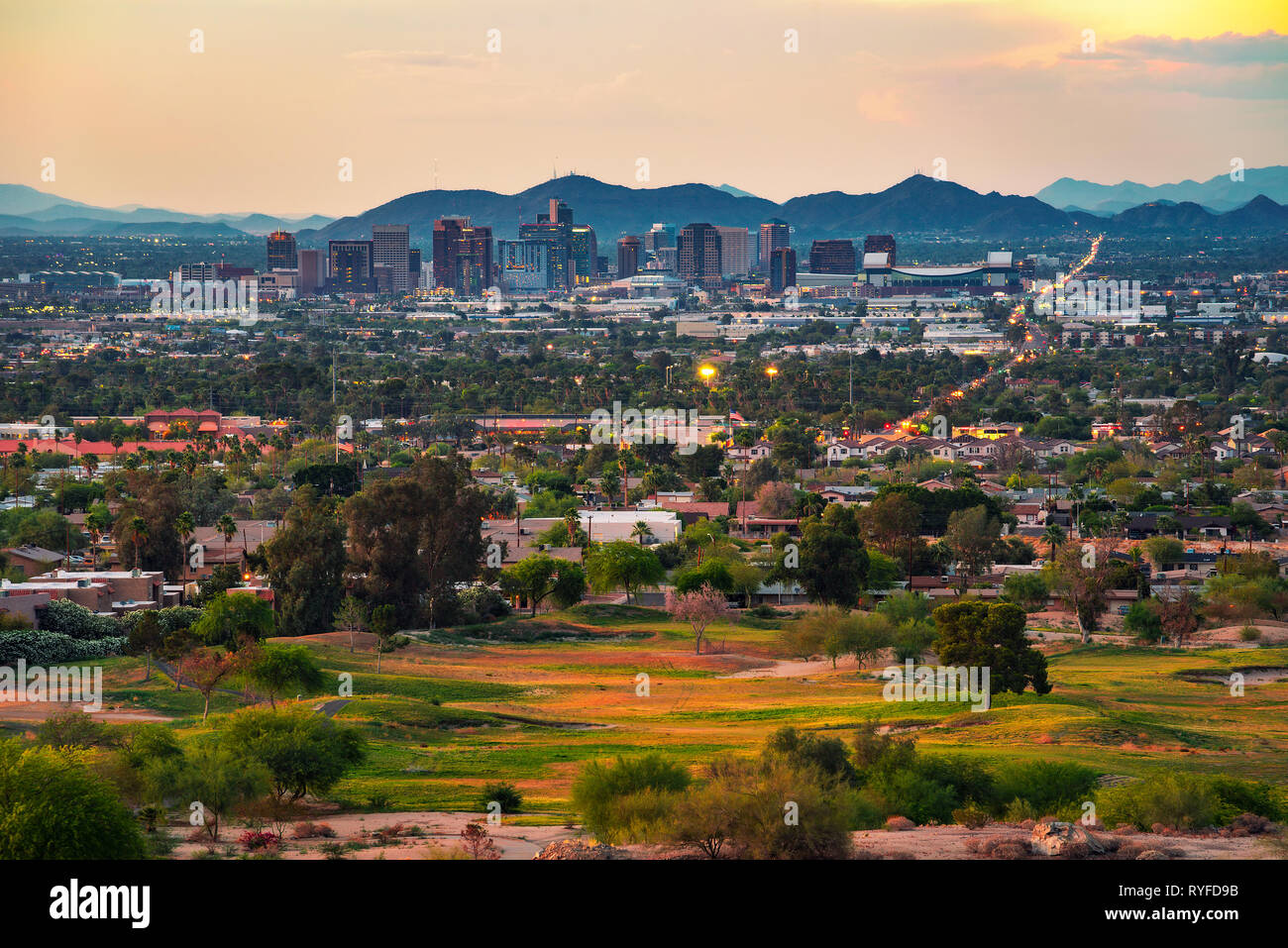 Phoenix Arizona skyline at sunset Stock Photo