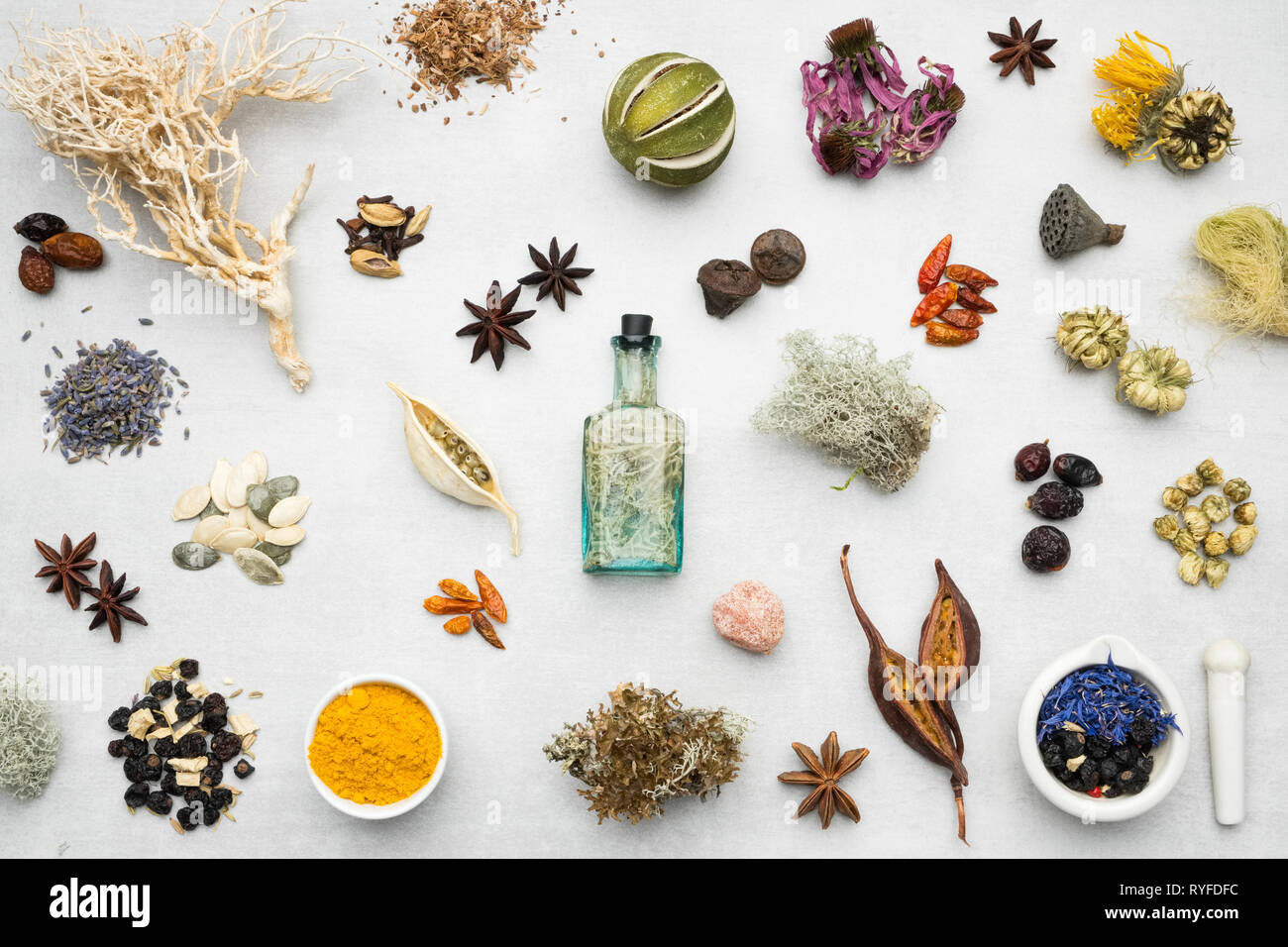 Background from dry medicinal herbs, plants, roots, ingredients for making herbal medicine remedies. Top view. Stock Photo