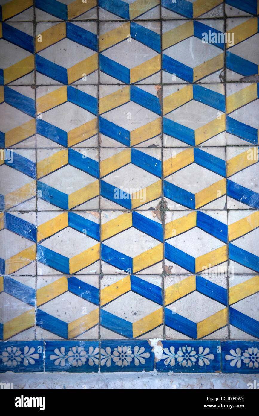 Traditional Portuguese tiles on the front of a building in the city centre of Lisbon Stock Photo