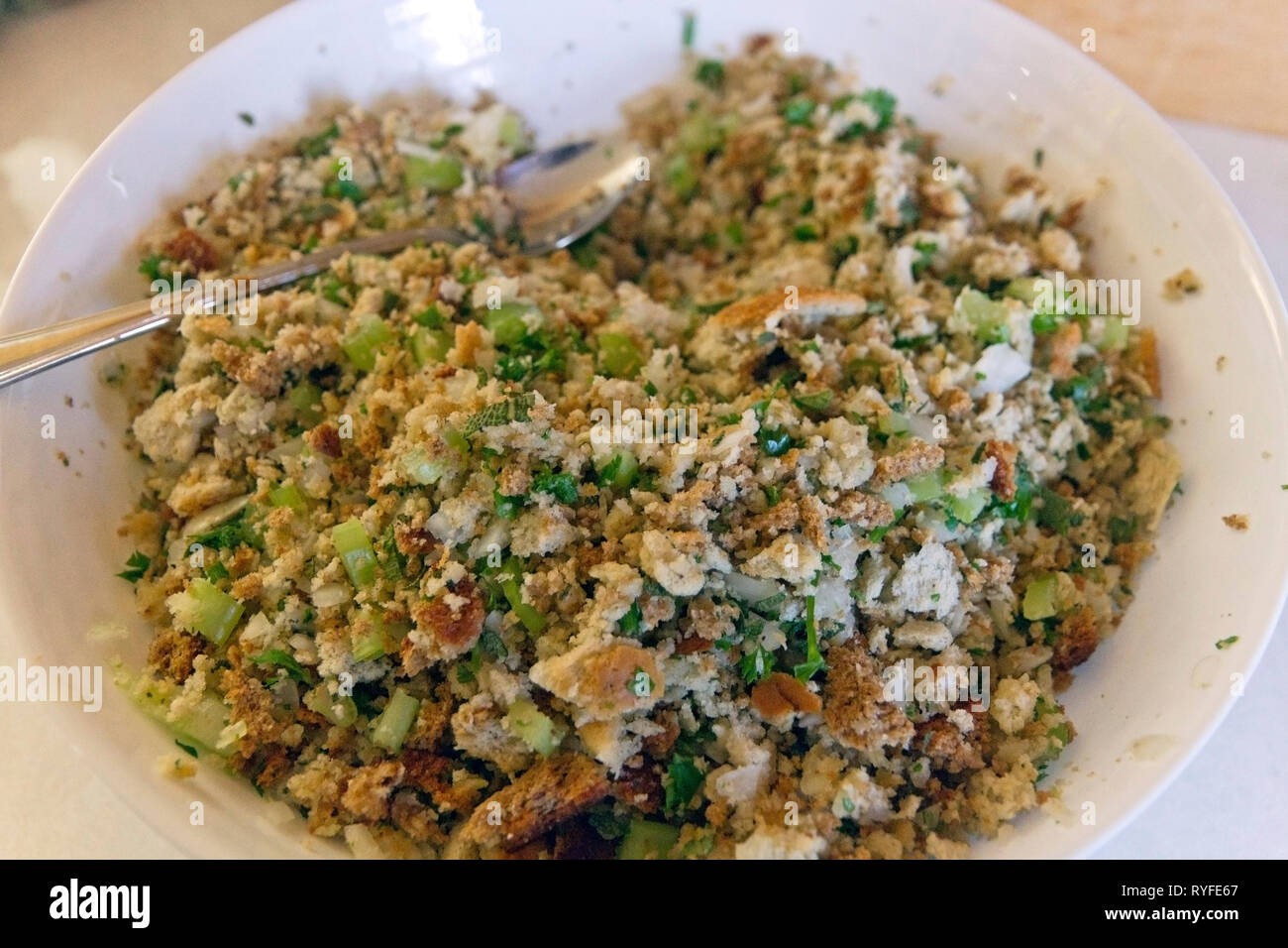Close Up Of Raw Stuffing Mixture For Thanksgiving Turkey A Recipe Of Bread Crumbs Celery Onion Parsley Sage And Butter Stock Photo Alamy