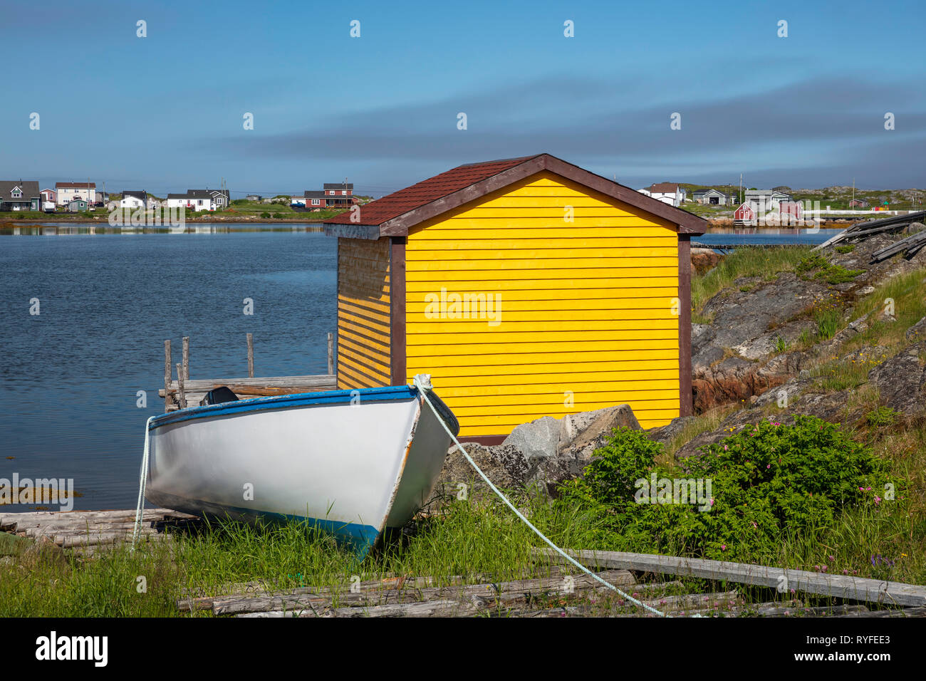 Yellow building, Tilting, Fogo Island, Newfoundland and Labrador, Canada Stock Photo