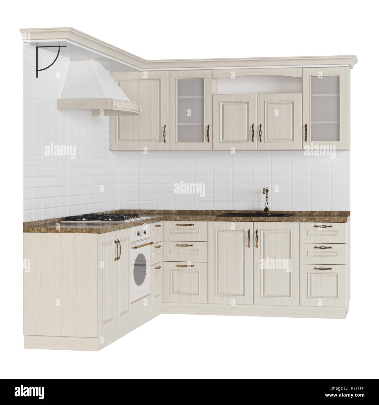 Classical kitchen isolated on white background. 3D rendering Stock ...