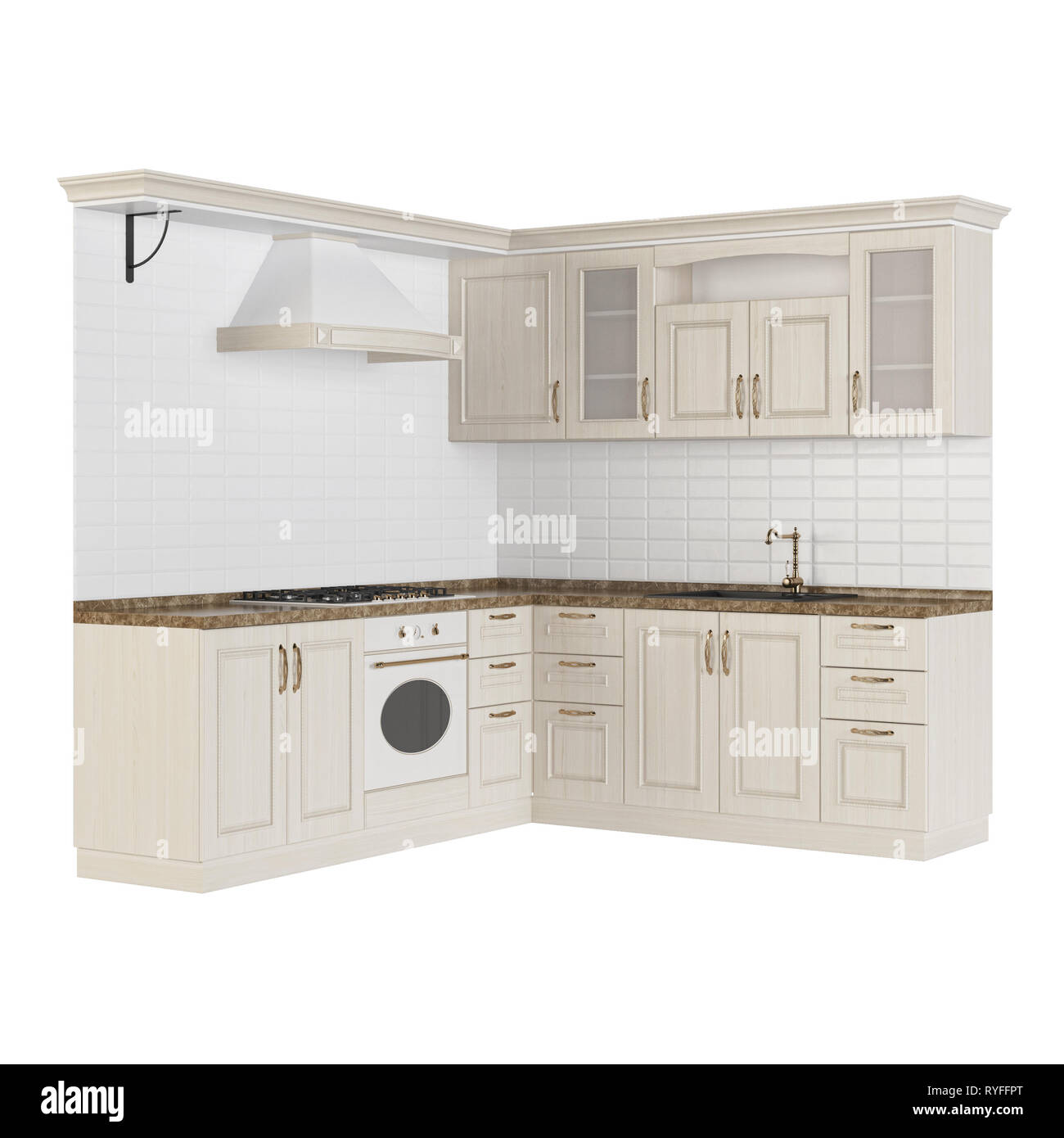 Classical kitchen isolated on white background. 3D rendering Stock ...
