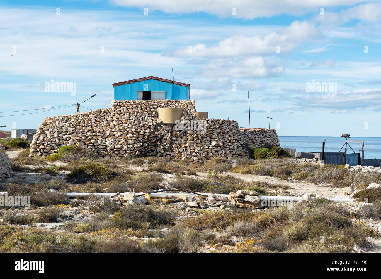 Pigeon Island in the Wallabi Group.  The Houtman Abrolhos islands lie 60 kilometres off the coast of Geraldton in Western Australia. There are 122 pri Stock Photo