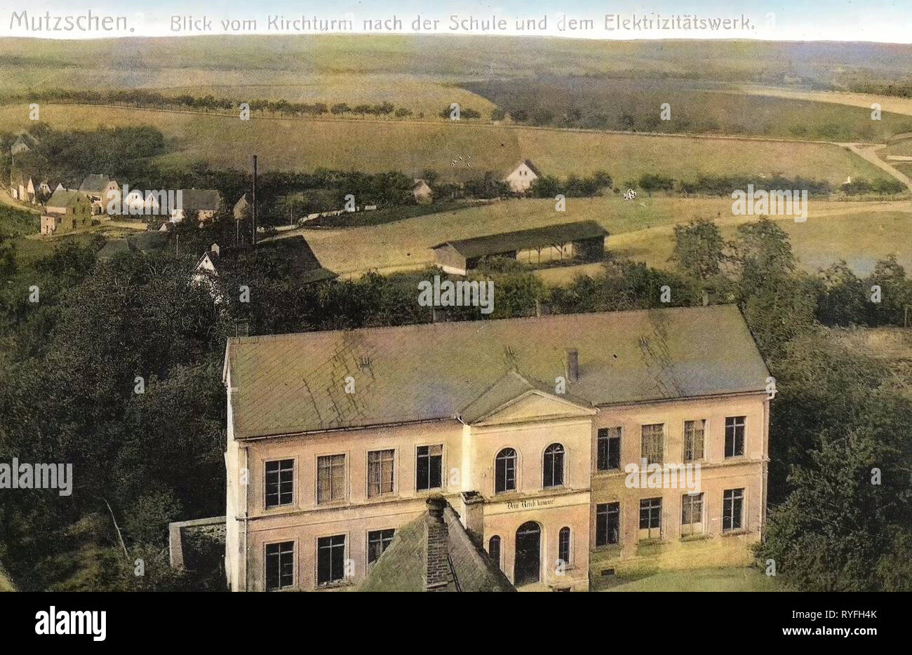 Schools in Landkreis Leipzig, Mutzschen, 1910, Landkreis Leipzig, Blick vom Kirchturm nach der Schule und Elektrizitätswerk, Germany Stock Photo
