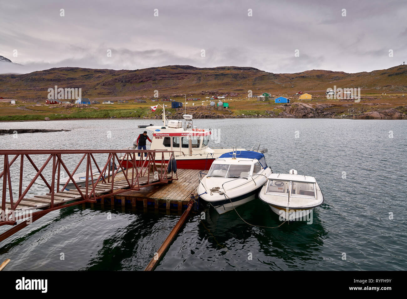 Boats docked at Igaliku, South Greenland Stock Photo