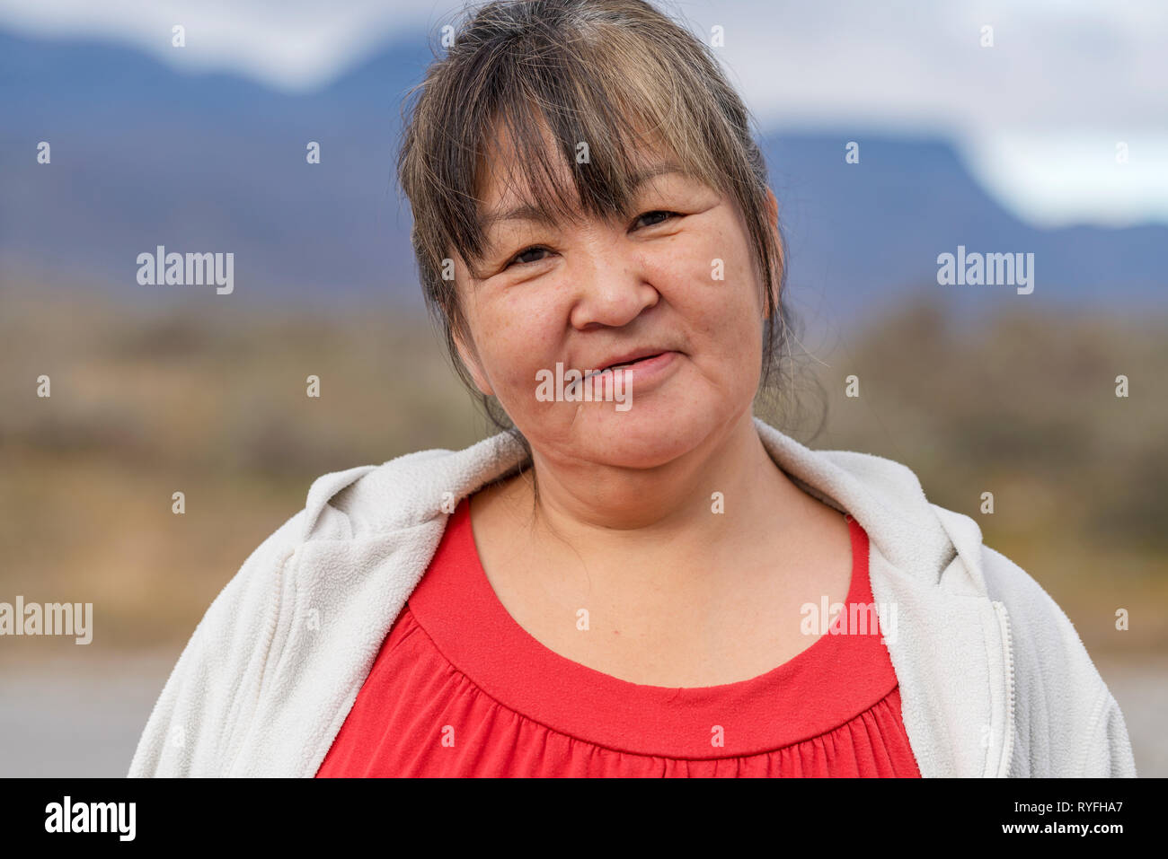 Female portrait, Narsasuaq, South Greenland Stock Photo