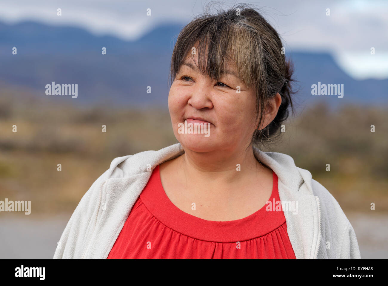 Female portrait, Narsasuaq, South Greenland Stock Photo