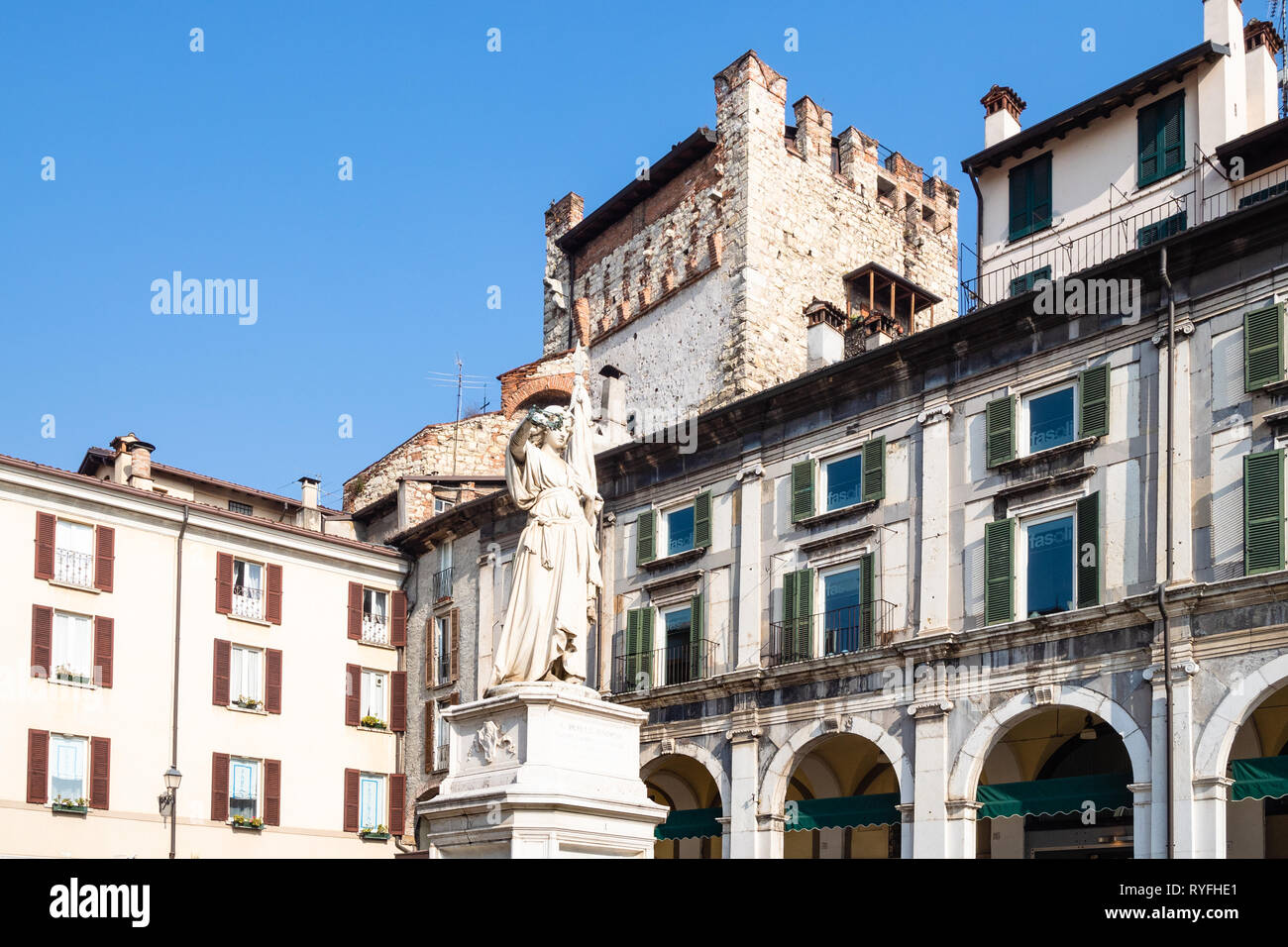 BRESCIA, ITALY - FEBRUARY 21, 2019: statue Bell'Italia on Piazza della Loggia in Brescia city. Brescia is the second largest city in Lombardy. Stock Photo