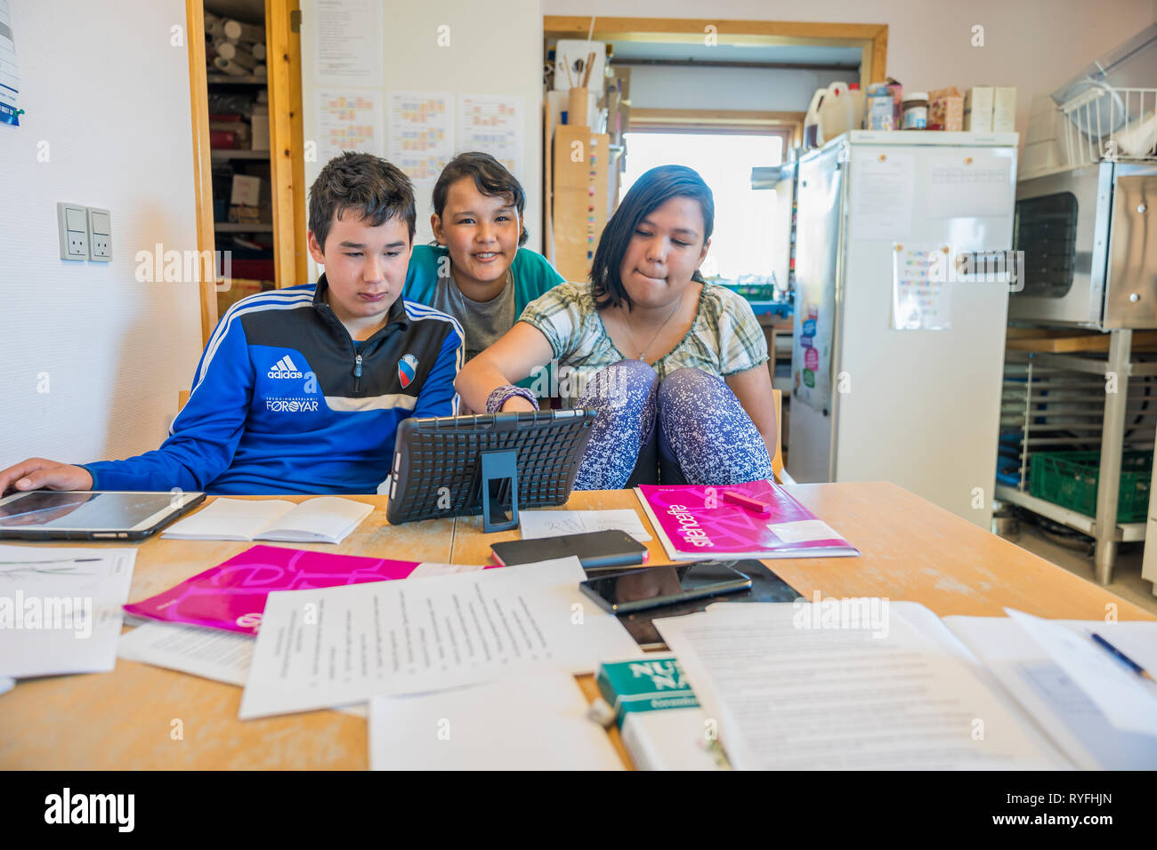 School kids learning, Qassiarsuk or Brattahlid, South Greenland Stock Photo