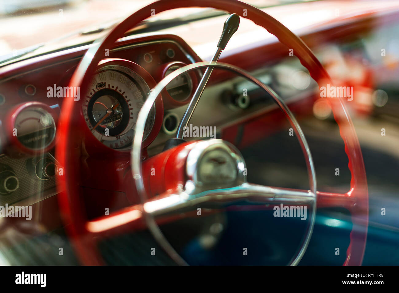 Izmir, Turkey - September 23, 2018: Steering wheel and dashboard view of a Red colored 1957 Chevrolet. Stock Photo