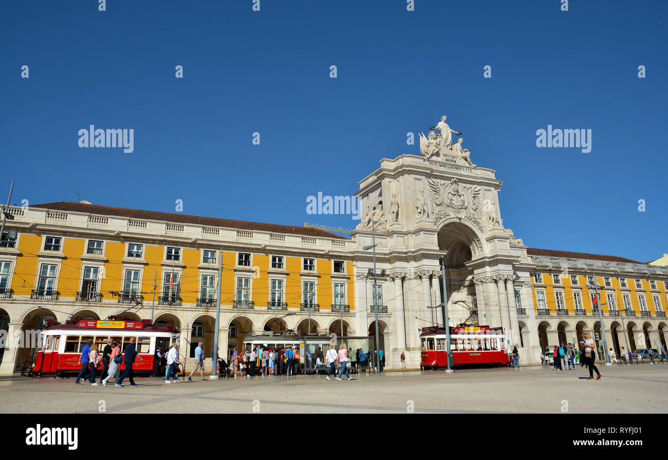 Praca do Comercio-Commercial Square,historical landmark known as Terreiro do Paco with Arco da Rua Augusta and Hills Tramcar Tour in Lisbon,Portugal Stock Photo