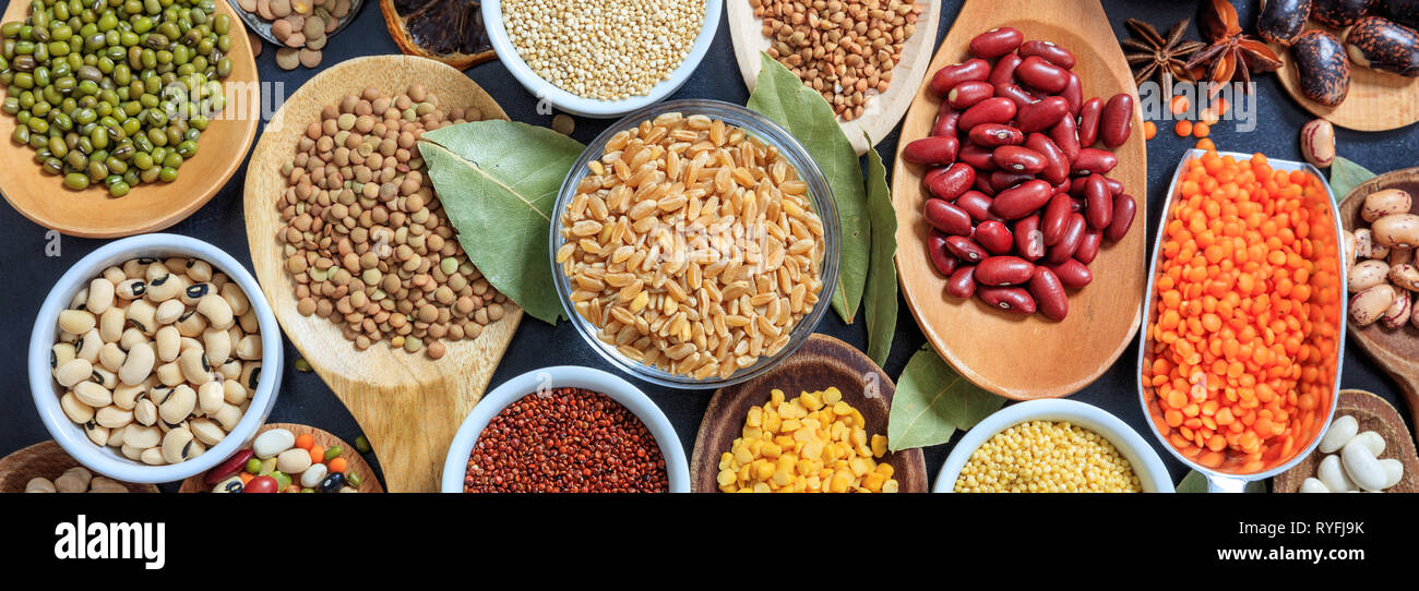 pulses food high resolution stock photography and images alamy https www alamy com legumes pulses variety of dry uncooked legumes on wooden spoons banner top view image240674159 html