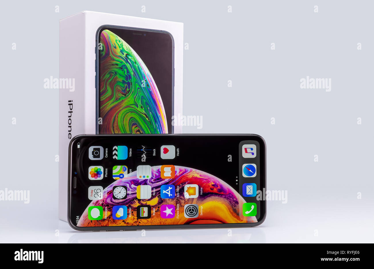 Galati, Romania - October 26, 2018: Apple launch the new smartphone iPhone XS and iPhone XS Max. iPhone Xs Max on gray background. Stock Photo