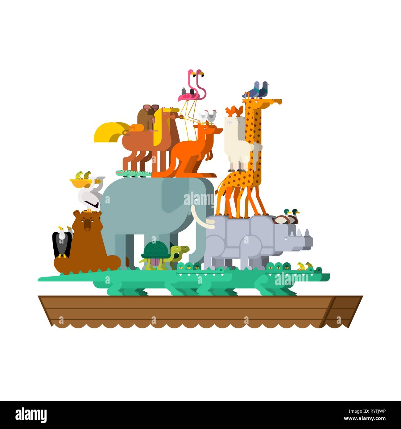 Noah Ark and animals. Pairs of beasts. Rescue from flood. Big ancient