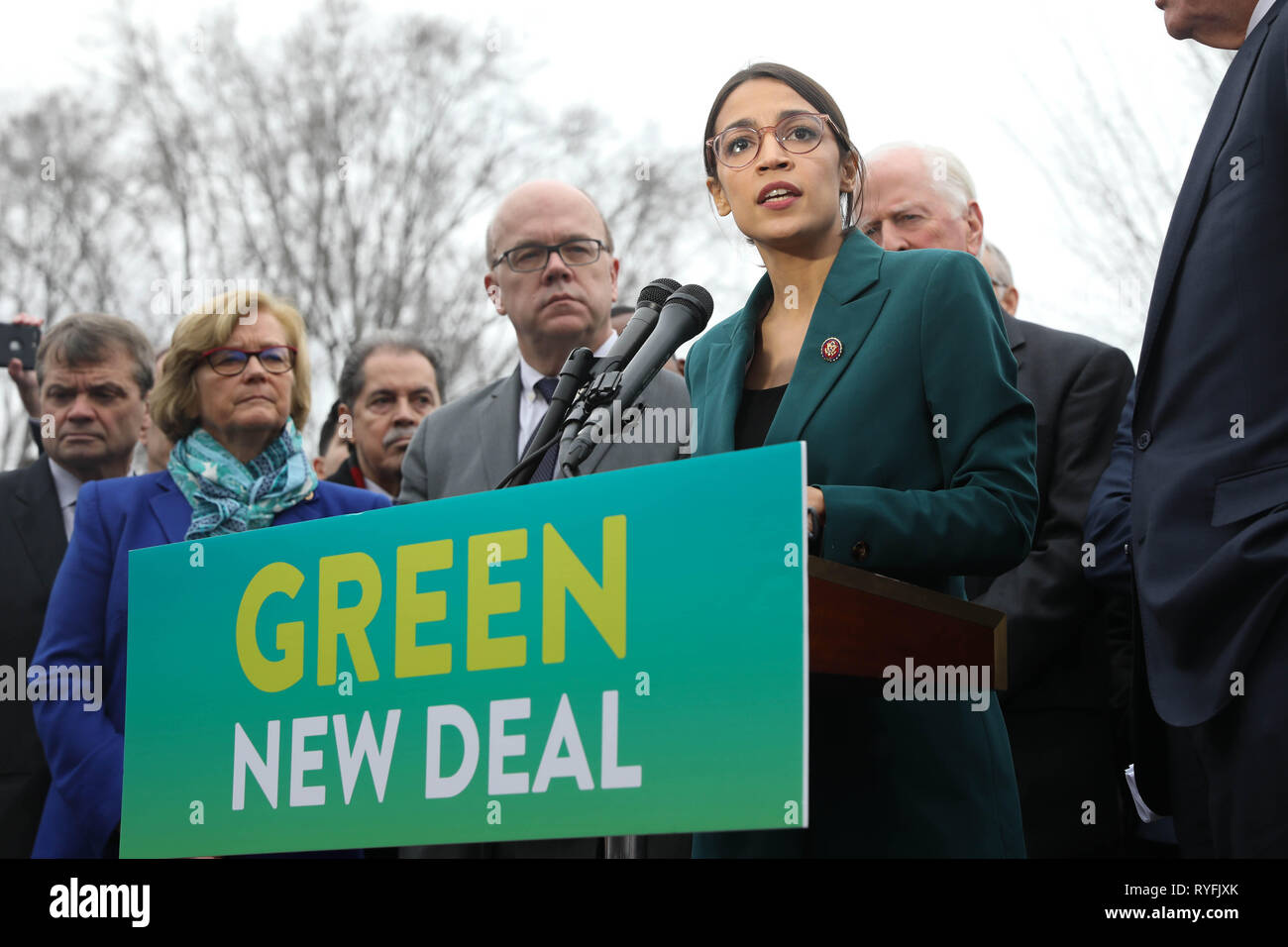 U.S. Rep. Alexandria Ocasio-Cortez of New York, along with other members of Congress announce the Green New Deal legislation during a press conference outside the Capitol Building February 7, 2019 in Washington, D.C. Stock Photo
