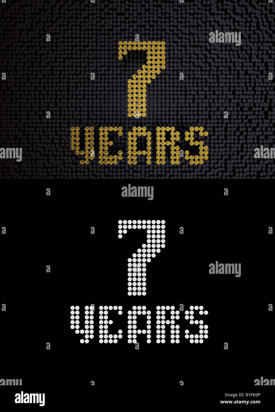 Golden number seven years (number 7 years) dotted font, top view, with dark zero and one background. With alpha channel. 3D render Stock Photo