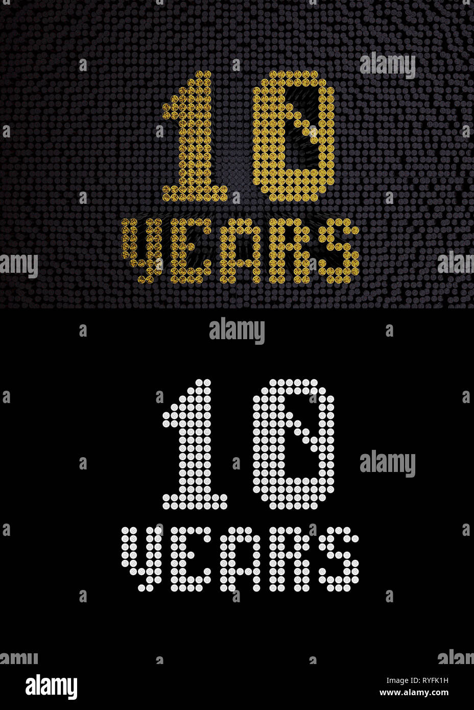 Golden number ten years (number 10 years) dotted font, top view, with dark zero and one background. With alpha channel. 3D render Stock Photo