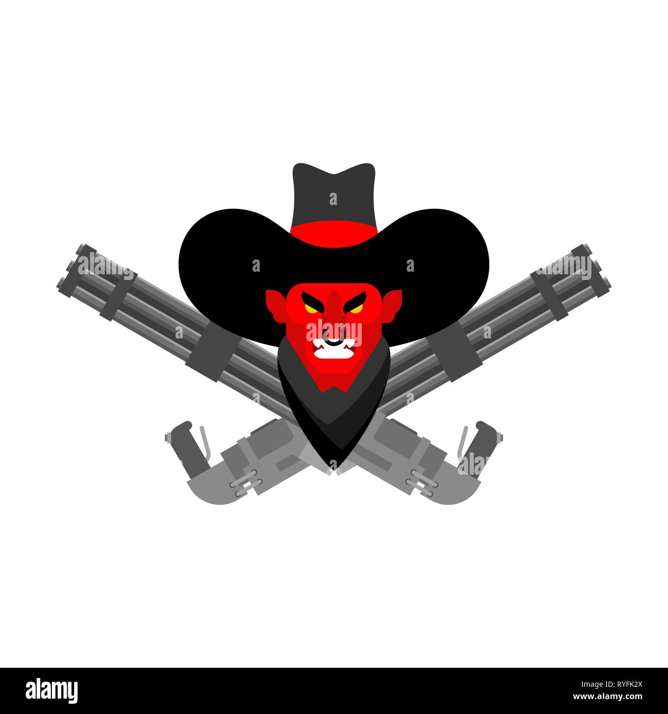 Devil Cowboy face and gun. Crossed Minigun. Wild West Demon gunfighter. Angry Western daemon Stock Vector