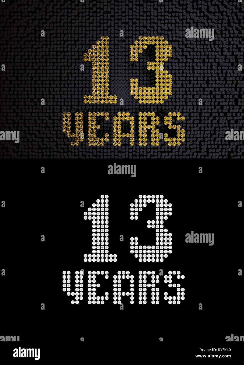Golden number thirteen years (number 13 years) dotted font, top view, with dark zero and one background. With alpha channel. 3D render Stock Photo