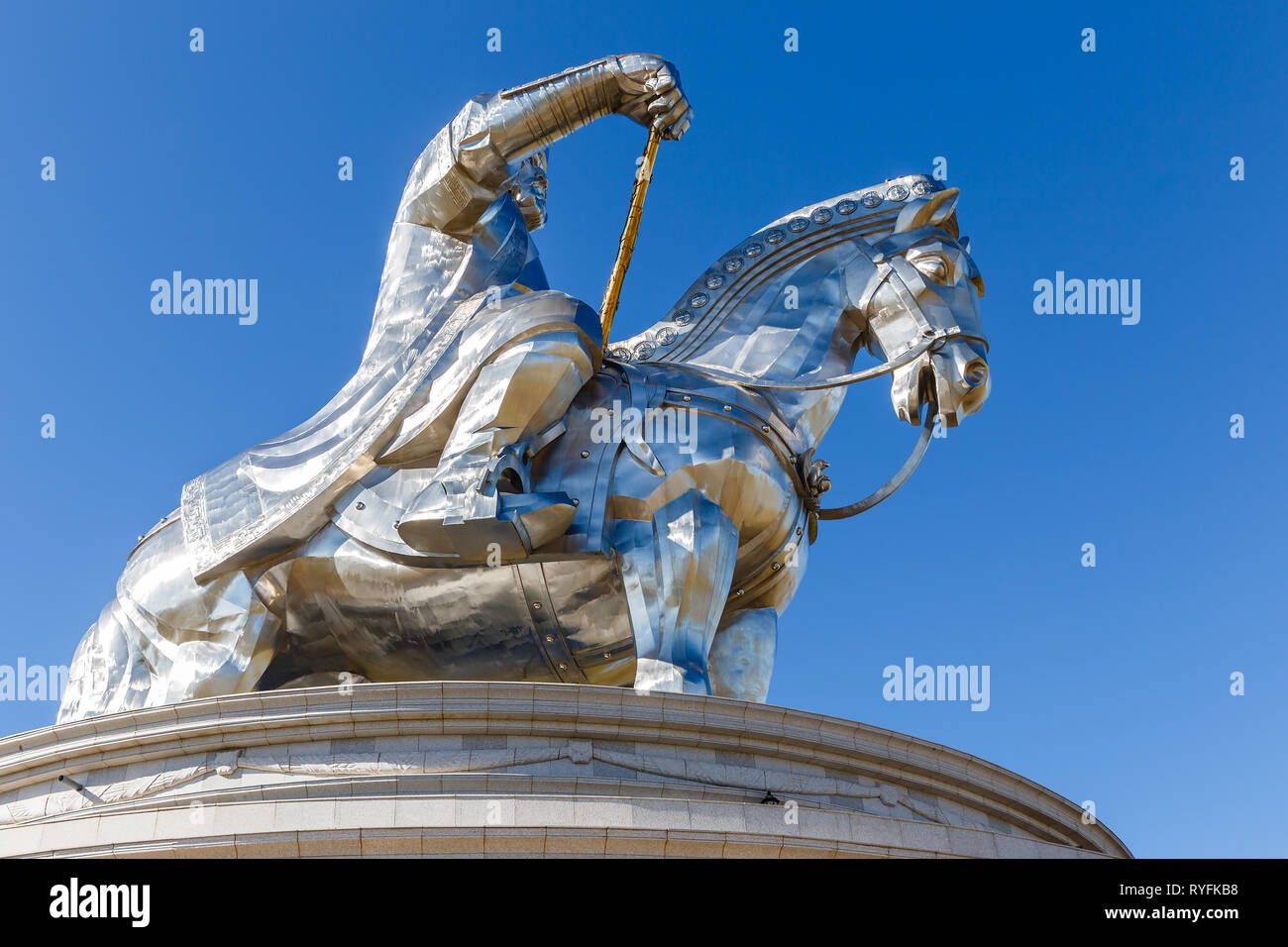 TSONJIN BOLDOG, MONGOLIA - September 14, 2018: The giant Genghis Khan Equestrian Statue is part of the Genghis Khan Statue Complex on the bank of the Tuul River at Tsonjin Boldog, near Ulaanbaatar. Stock Photo