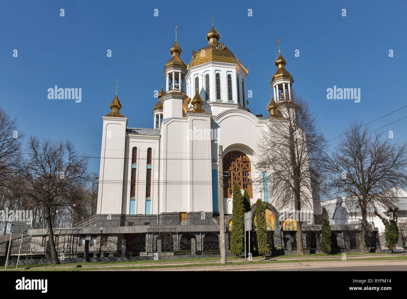 St. Pokrovsky Patriarch Cathedral at spring in Rovno, Western Ukraine. Stock Photo