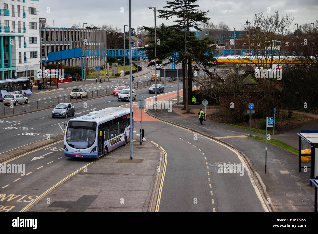 First bus at Hilsea Bus station, Portsmouth, In the bus lane Stock Photo