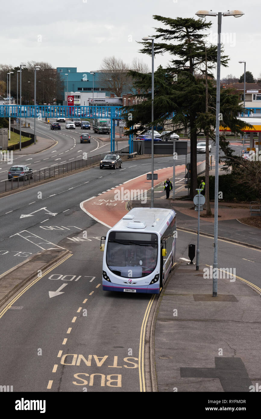 First bus at Hilsea Bus station, Portsmouth, In the bus lane Stock