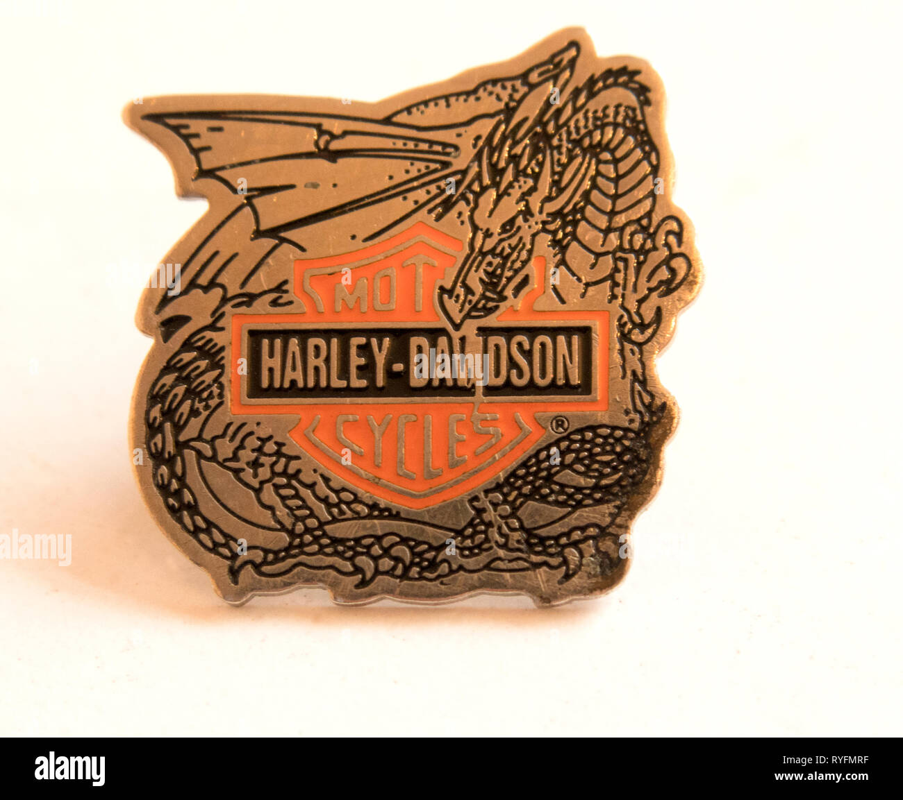 Harley Davidson metal pin badge with dragon Stock Photo