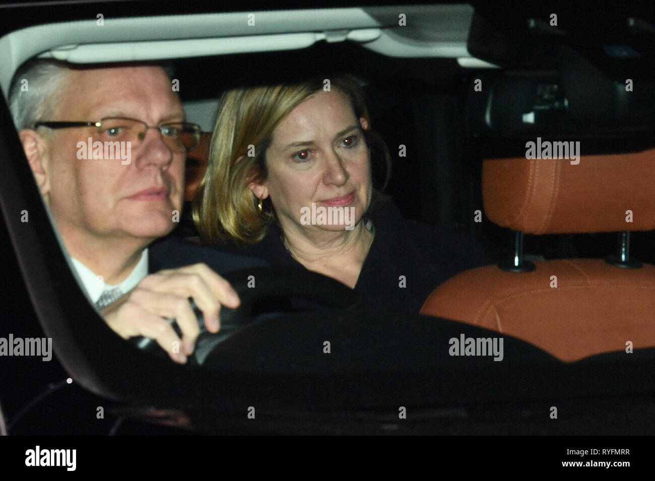 Works and Pensions Secretary Amber Rudd leaving the Houses of Parliament in Westminster, London after MPs have supported the amended Government motion which rejects a no-deal Brexit at any time and under any circumstances by 321 votes to 278, majority 43. Stock Photo