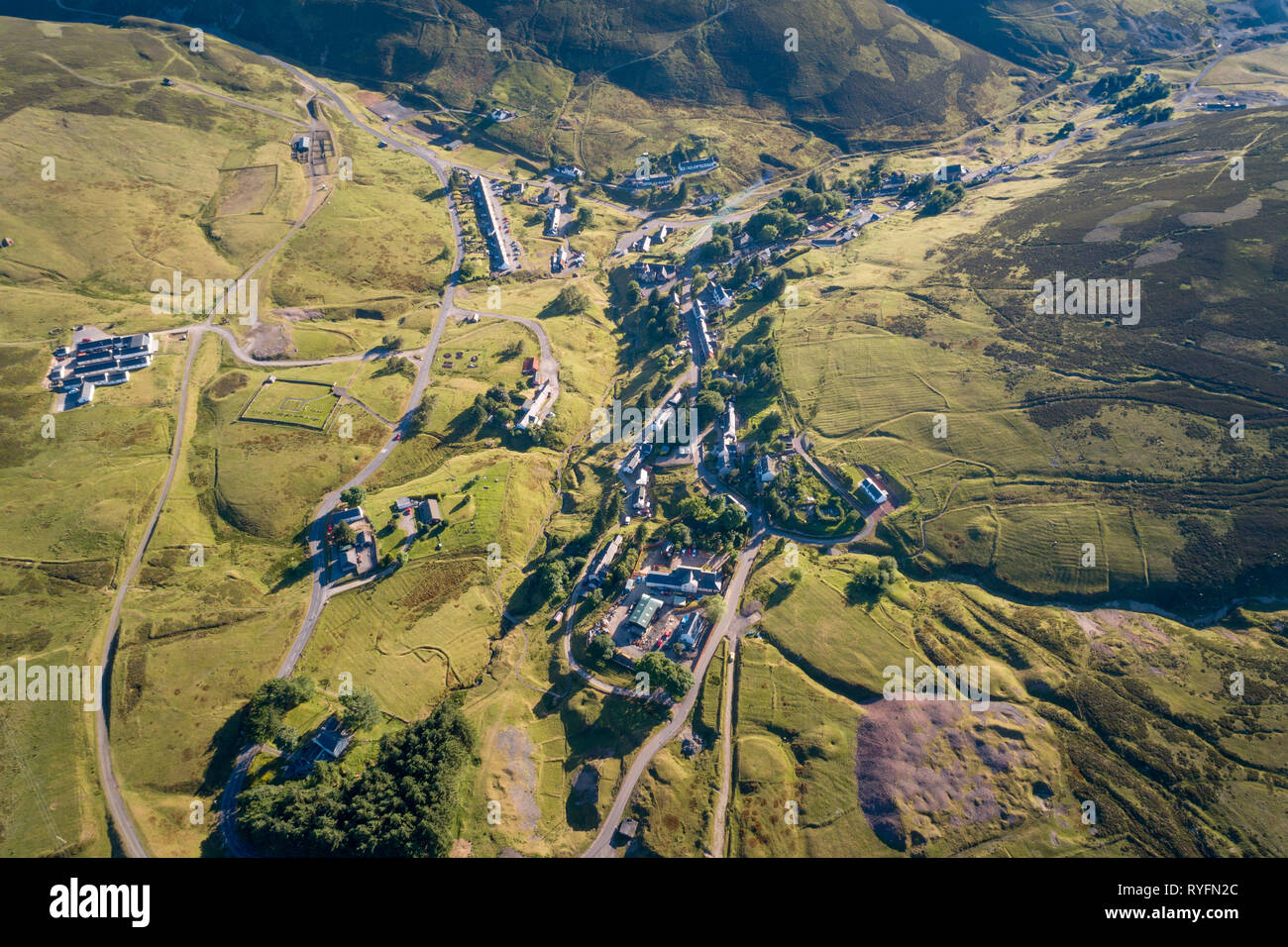 Arial Image of Wanlockhead, Scotland's highest village showing old mine workings and industrial waste. Stock Photo