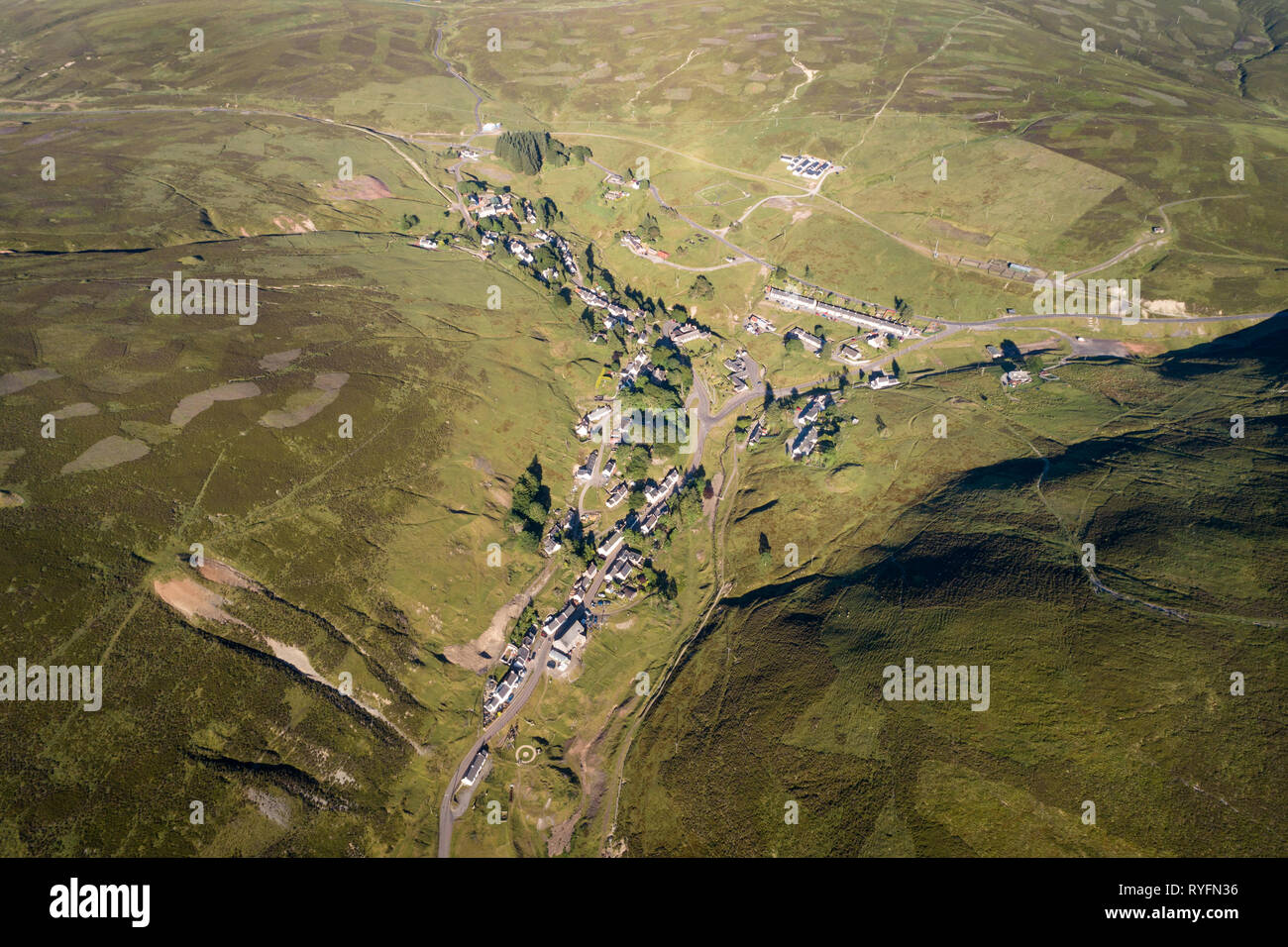 Arial Image of Wanlockhead, Scotland's highest village showing old mine workings and industrial waste. Stock Photo