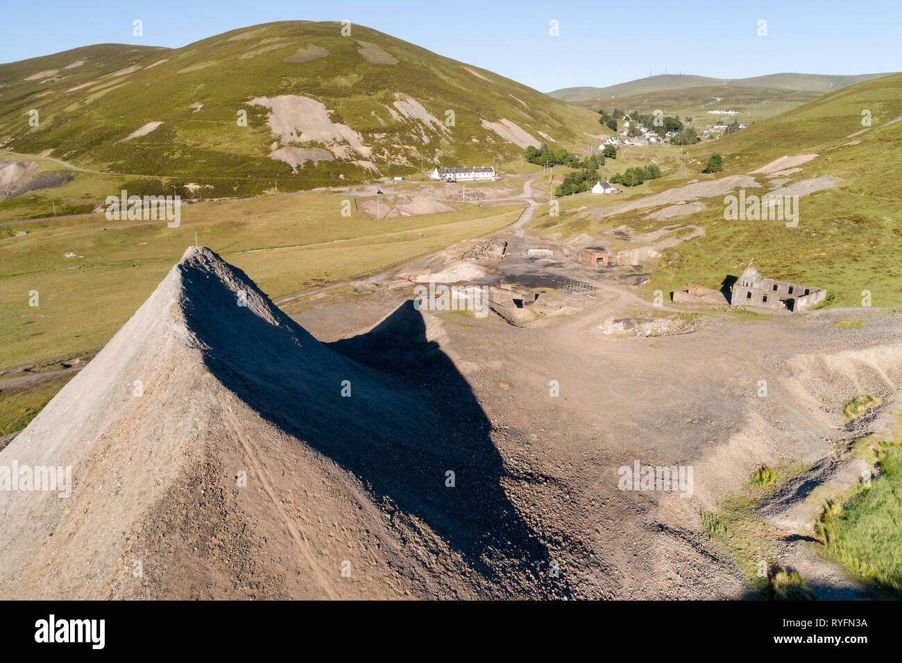 Arial Image of Wanlockhead, Scotland's highest village showing old mine workings and industrial waste. Stock Photo