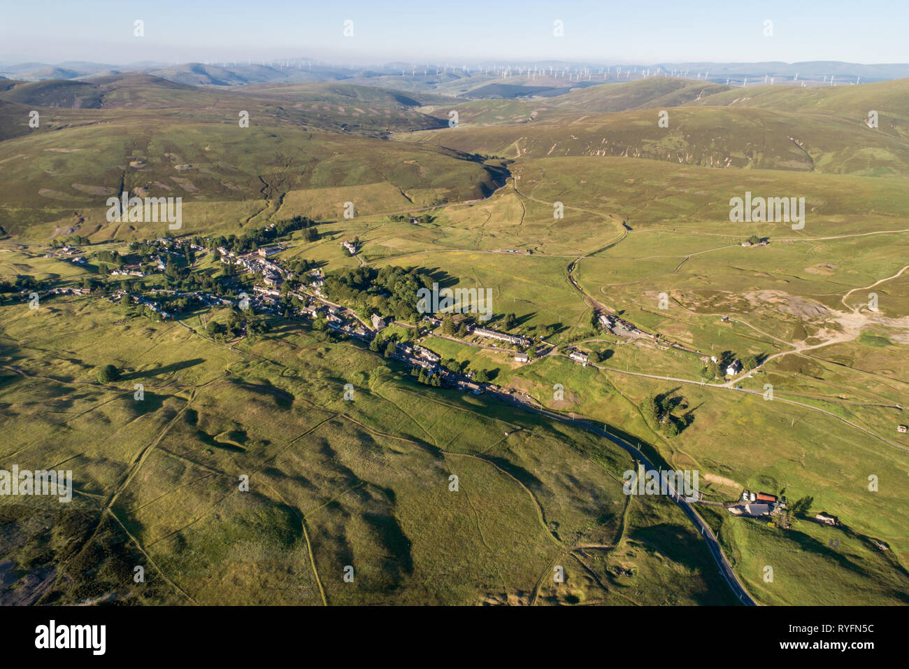 Aerial image of the village of Leadhills, arguably Scotland's highest village, showing historic mining sites and old shafts. Stock Photo