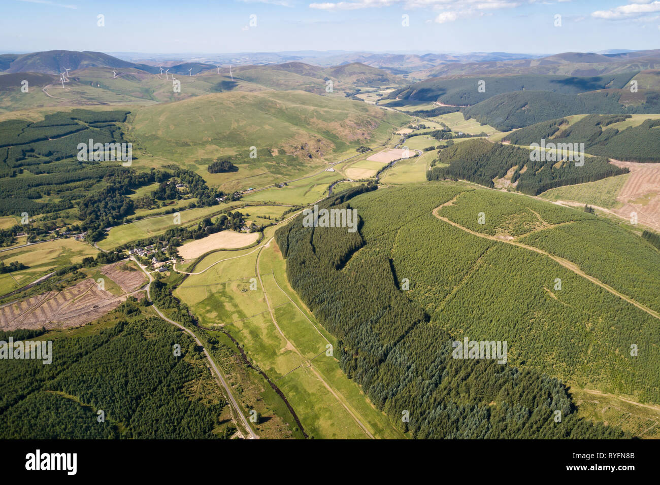 Aerial image showing the Upper Tweed Valley and the village of