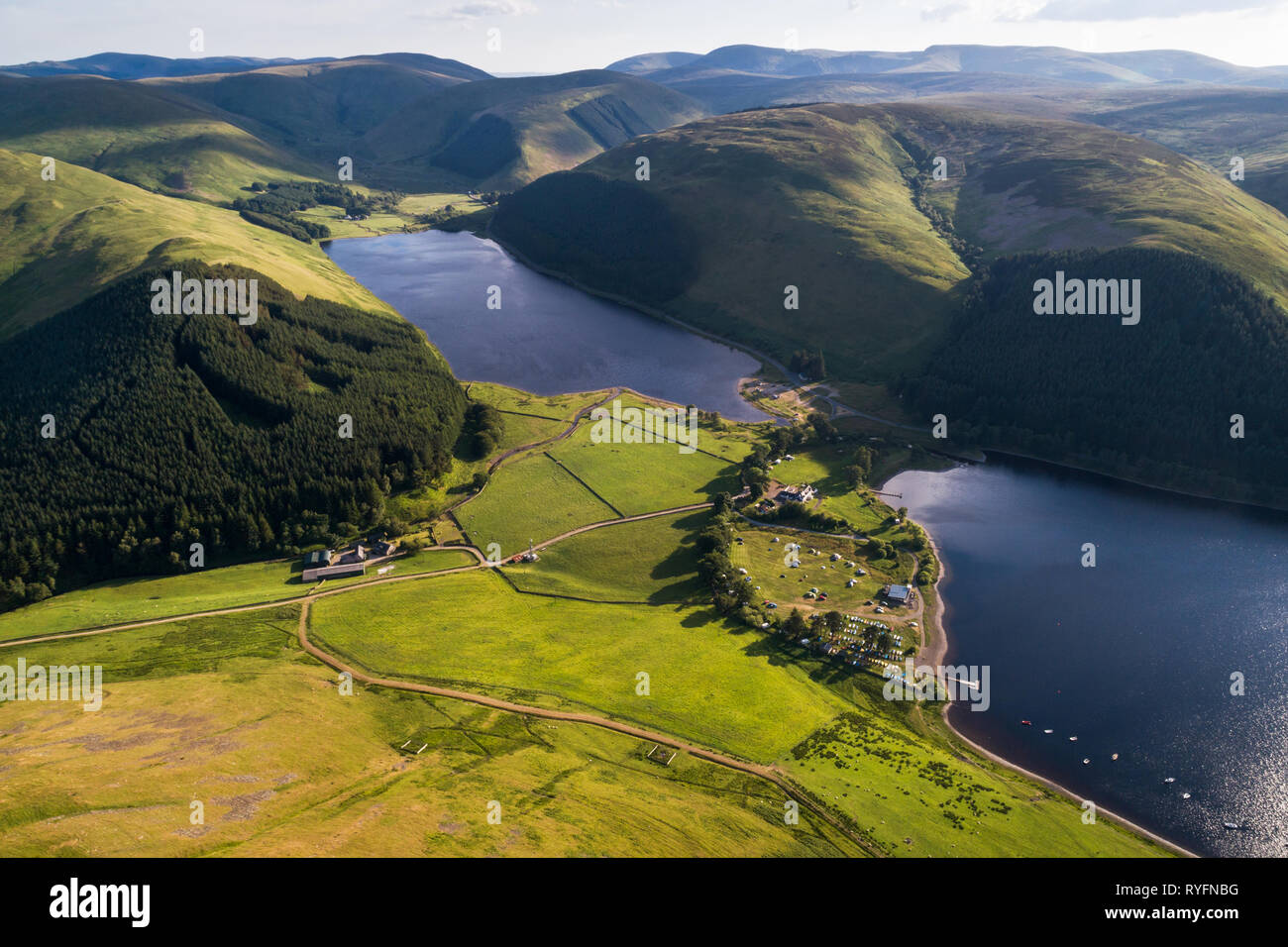 Aerial image of St Mary's Loch and Loch of the Lowes showing surrounding hills from a high vantage point. Stock Photo