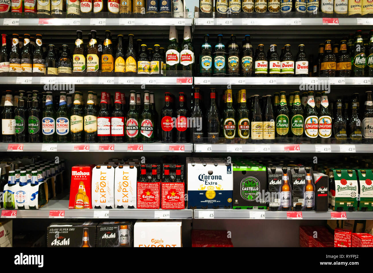 Display of the a wide variety of bottled beers in Booths Supermarket Ripon North Yorkshire England UK Stock Photo