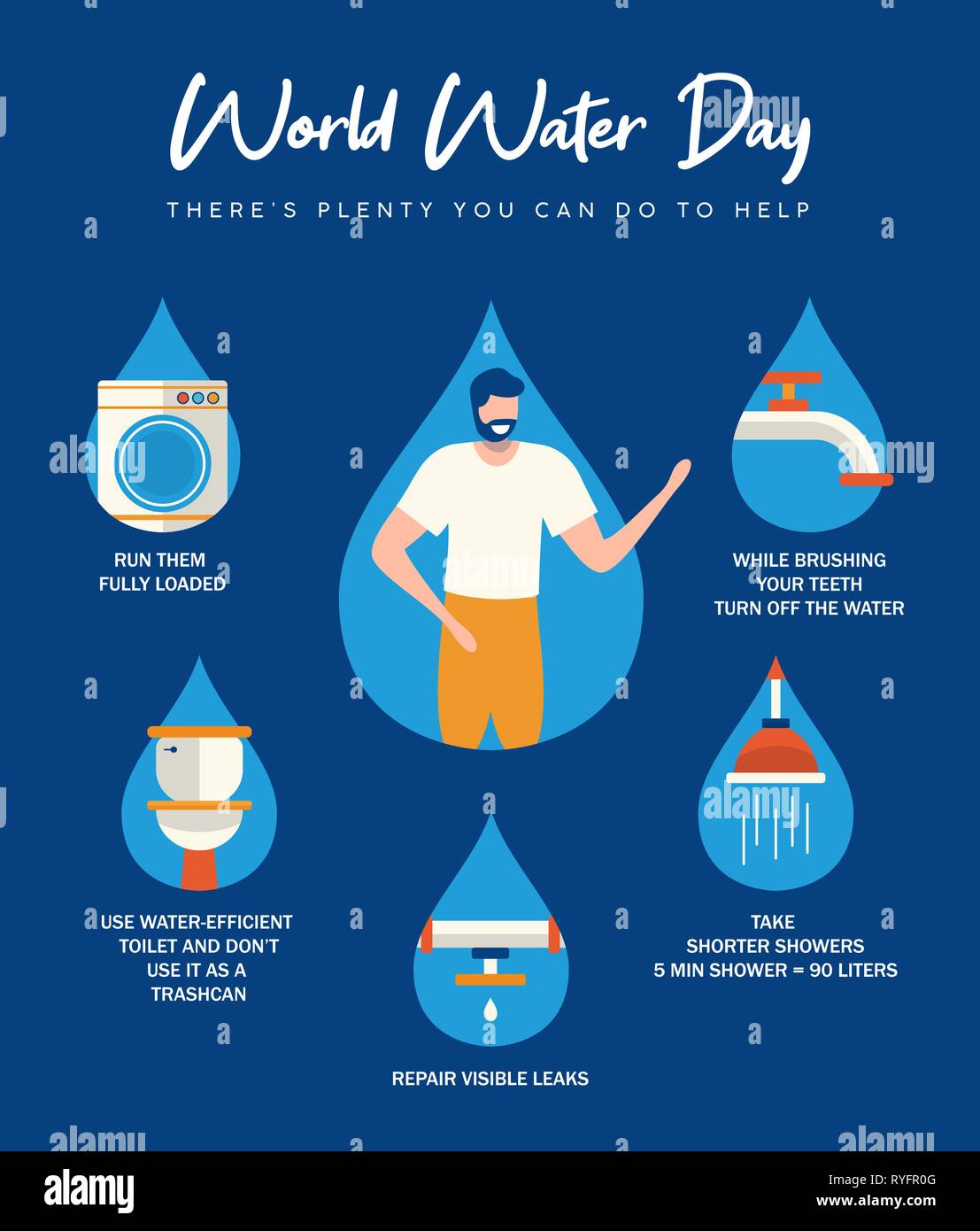 World Water Day infographic illustration with information about domestic help from home. Bathroom, pipes and running waters activities for awareness c Stock Vector