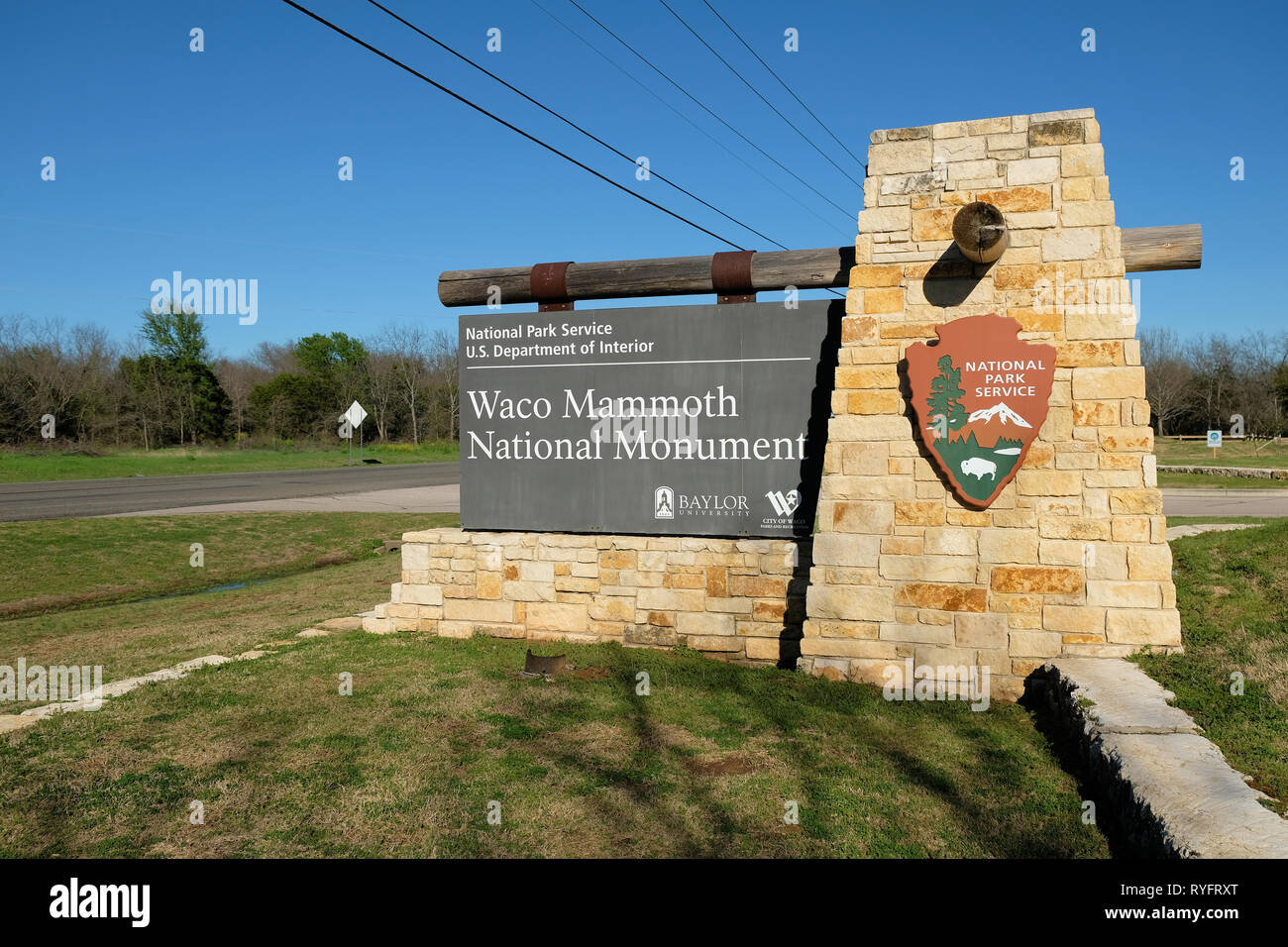 Entrance sign at the Waco Mammoth National Monument in Waco, Texas, USA