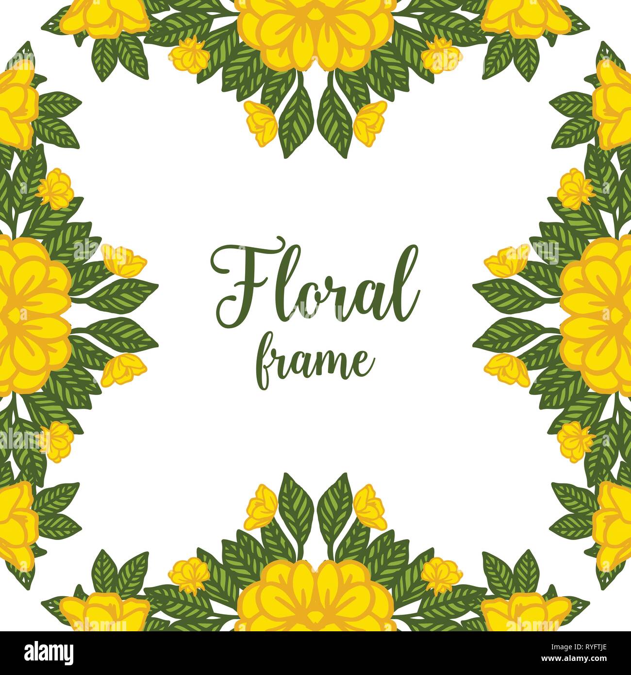 Vector illustration green leaf with yellow floral frame hand drawn